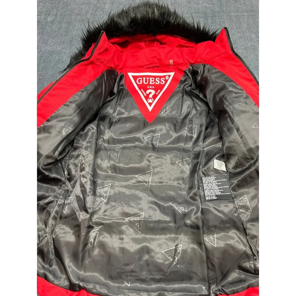 Guess Womens Red Quilted Puffer Jacket Faux Fur Hood Small 22LMP804